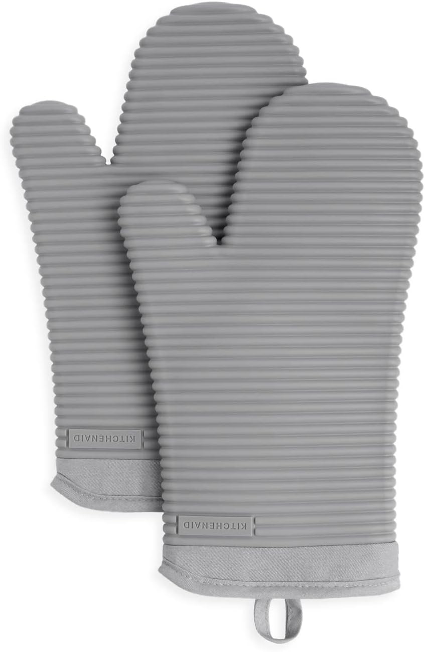 KITCHENAID Ribbed Soft Silicone Oven Mitt 2-Pack Set, 7.5"x13", Grey