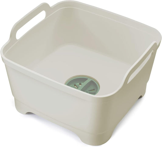 Joseph Joseph Wash & Drain Kitchen Dish Tub Wash Basin with Handles and Draining Plug, 9 liters/2.3 Gallons, Stone/Sage Green