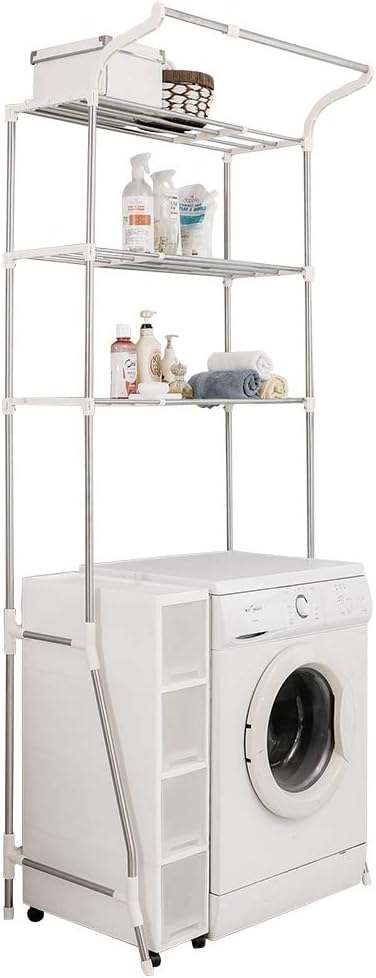 BAOYOUNI 3-Tier Laundry Room Shelf Over Washing Machine Storage Utility Rack Above Toilet Washer Dryer Clothes Hanger Width Adjustable Bathroom Organization Space Saving Shelving Units, Ivory