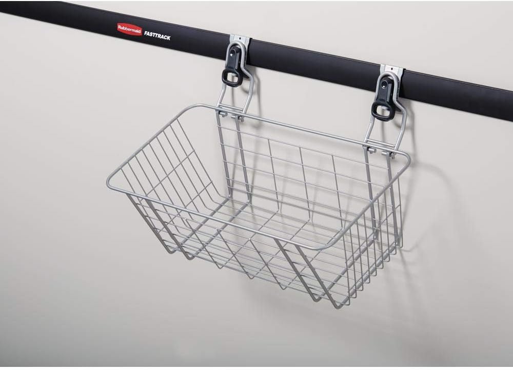 Rubbermaid Garage FastTrack Wire Mesh Basket Wall Mounted Storage System Holds up to 50 pounds Satin Nickel for Tool/Toy/Sports Equipment