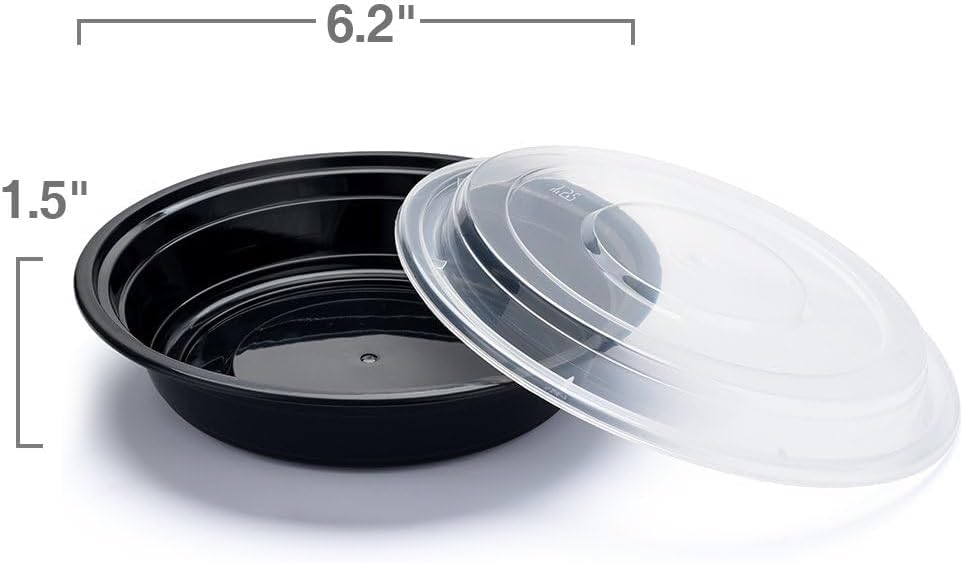Glotoch Express 16oz Black Plastic Round Meal Prep Containers, 150 Pack Reusable Microwave Freezer Dishwasher Safe