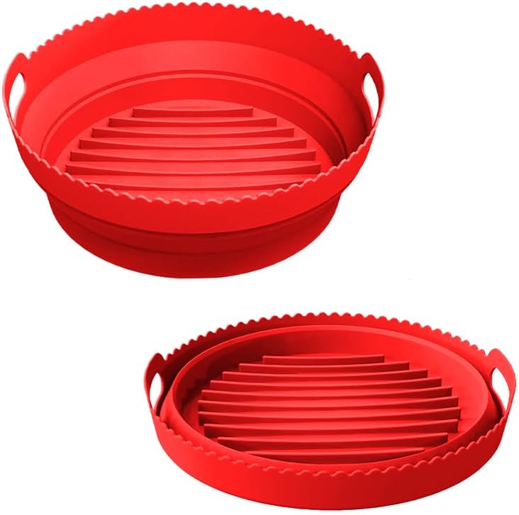 Silicone Air Fryer Liner 8.6" Round for 5–8 QT, No Divider, Reusable Non-Stick Collapsible Pot Liner, Dishwasher Safe, Heat-Resistant 446°F, RED, 1 Pack