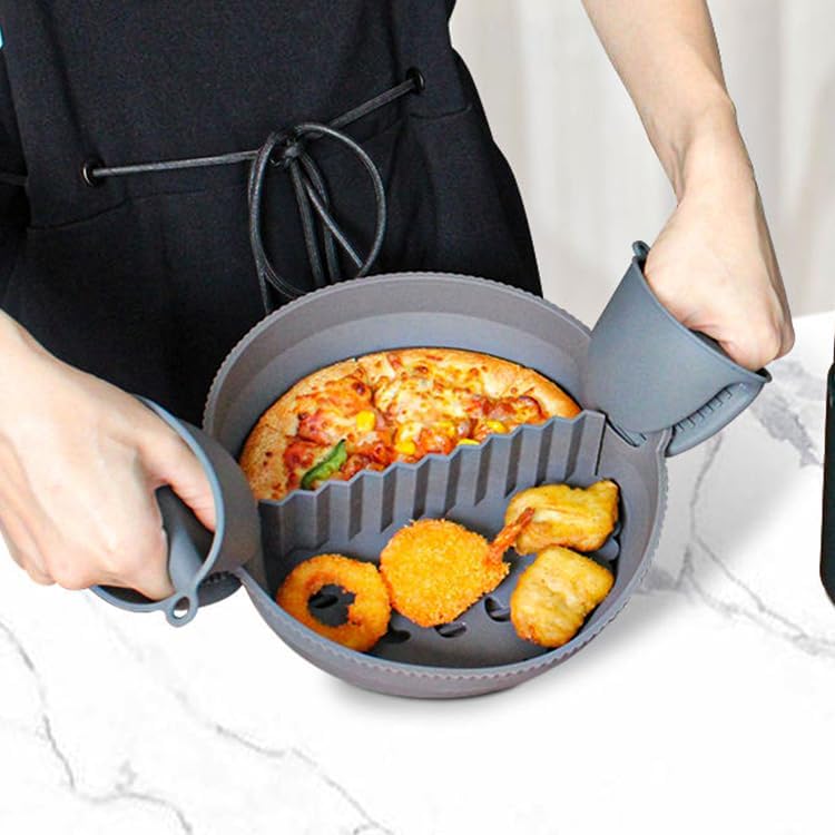 Silicone Air Fryer Liner 8.6" Round for 5–8 QT, With Divider Split for 2 Flavors, Reusable Non-Stick Collapsible Pot Liner, Dishwasher Safe, Heat-Resistant 446°F, BLACK, 1 Pack