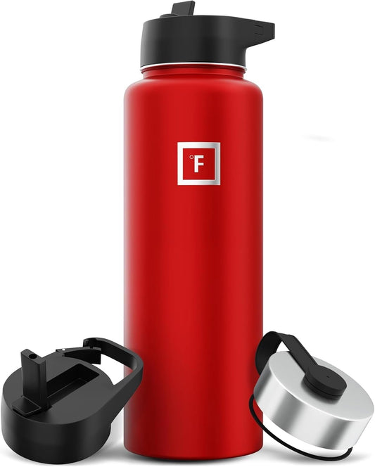 IRON °FLASK Camping & Hiking Hydration Flask with Straw, Wide Mouth Insulated Stainless Steel Sports Water Bottle - 40 oz Fire Red