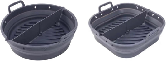 Reusable Silicone Air Fryer Liner –2pcs (Round+Square), Collapsible, Oil-Draining Design, Food-Grade, Non-Stick, Heat Resistant, Dishwasher Safe – Fits 5–8 QT Baskets (grey)