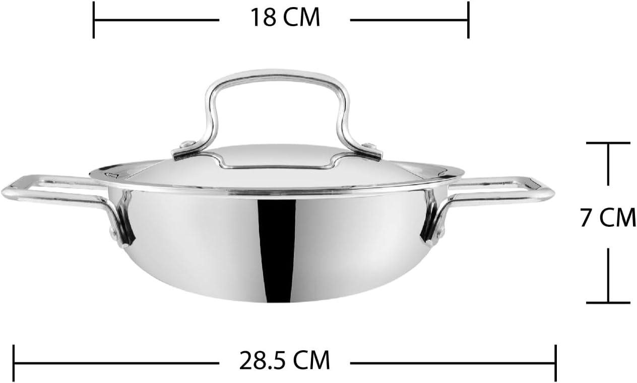 Vinod Platinum Triply Stainless Steel Kadai | Suitable For Indian Cooking, Sauces, Stews, Soups | Induction, Electric Friendly (18cm Extra Deep)