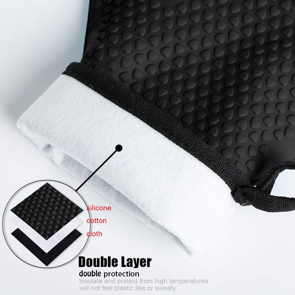 Kitchen Oven Gloves - Dual-Layer Heat Resistant Grilling Gloves, Silicone Oven Mitts with 5 Fingers, Waterproof Non-Slip Pot Holder for Barbecue, Cooking, Baking (Black Long)