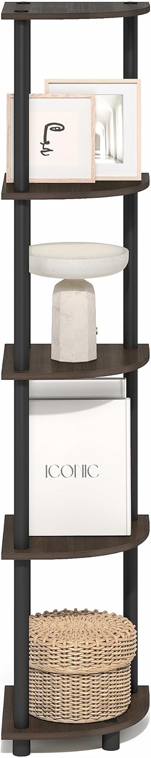 Furinno Turn-N-Tube Corner Shelf, 5-Tier Corner Bookshelf, Open Storage Shelves, for Organization and Storage, Living Room, Home Office, Garage, Bedroom, Brown Grain