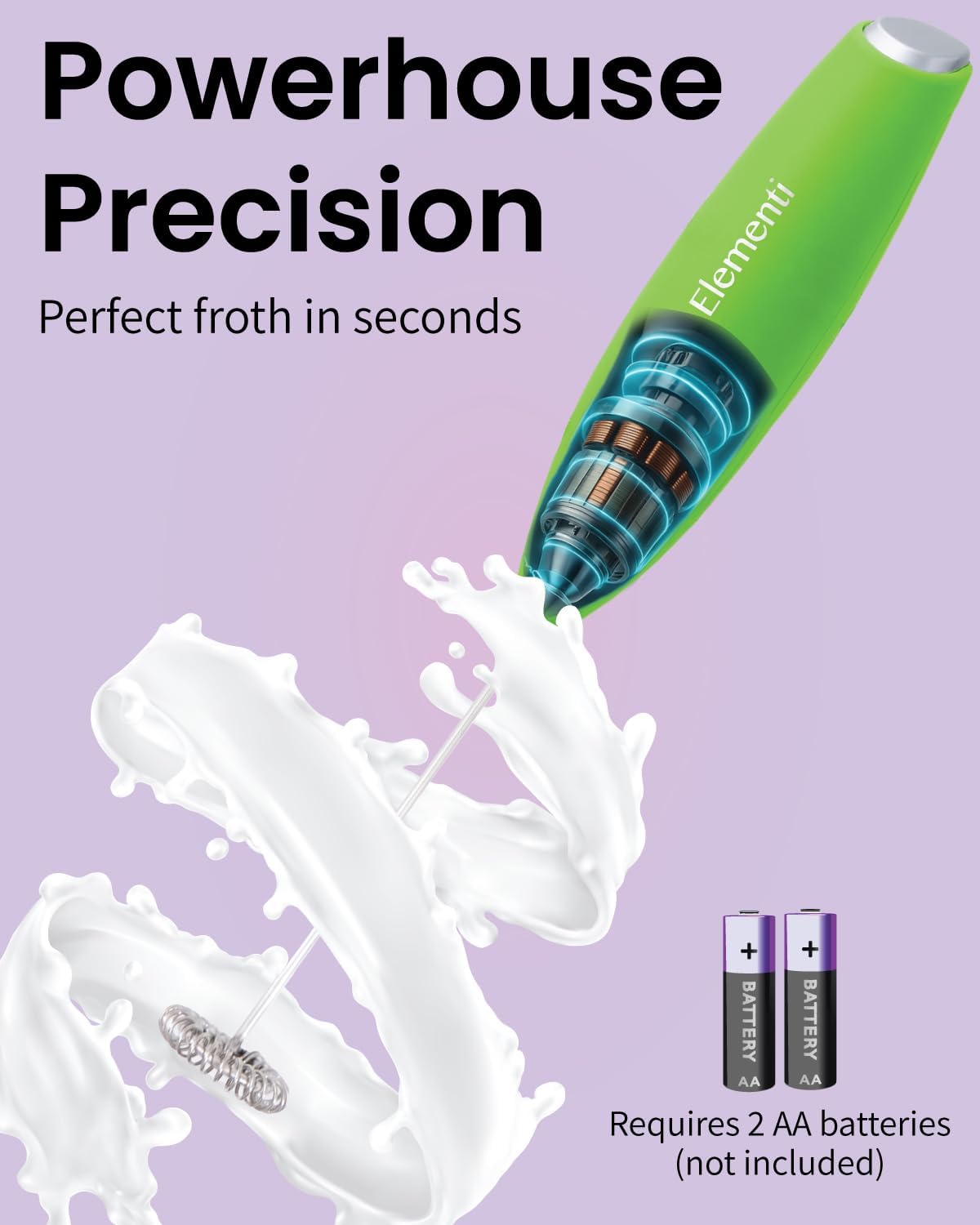 Elementi Milk Frother Wand & Matcha Whisk Set - Powerful Electric Matcha Mixer, Easy to Use Macha Wisk Kit - Craft Effortless Lattes with the Elementi Milk Frother Wand (Lime Green)