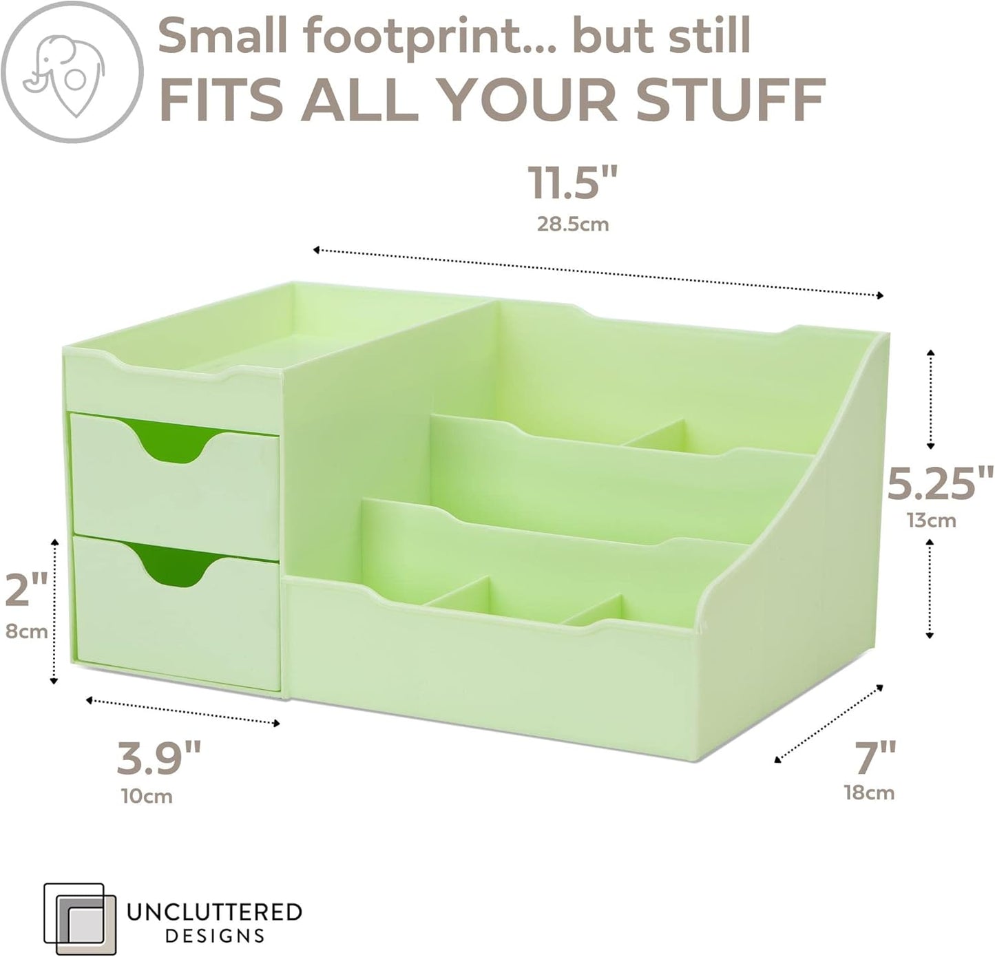 Uncluttered Designs Makeup Organizer With Drawers - Modern Countertop Storage for Cosmetics - Chic Vanity Holder for Perfume, Skincare, Brush, Lipstick, Nail Polish Organization & Display (Green)