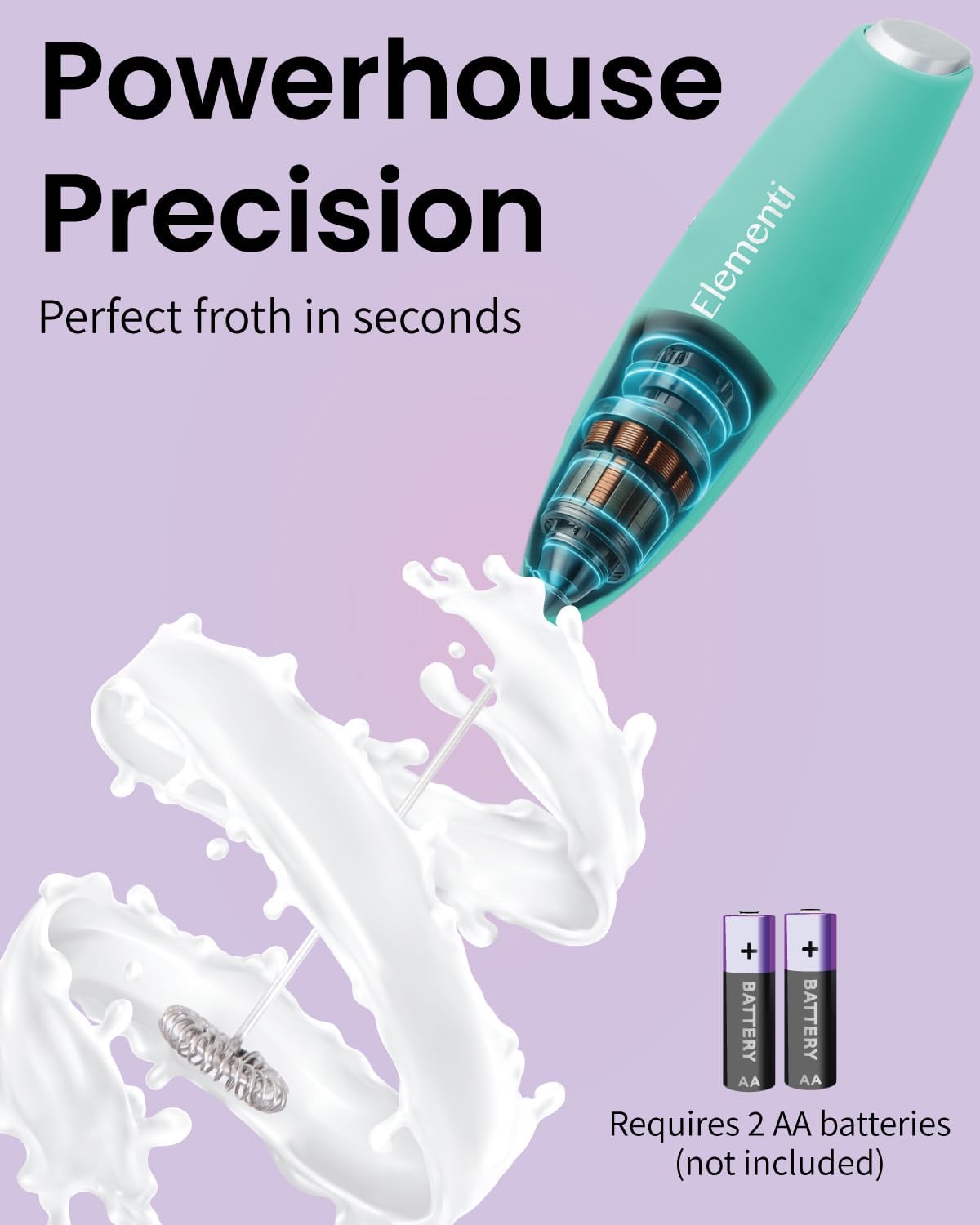 Elementi Drink Mixer Handheld - Electric Drink Stirrer for Powder Drinks - Protein Powder Mixer Wand & Frother - Hand Frother with Stand (Mint Green)