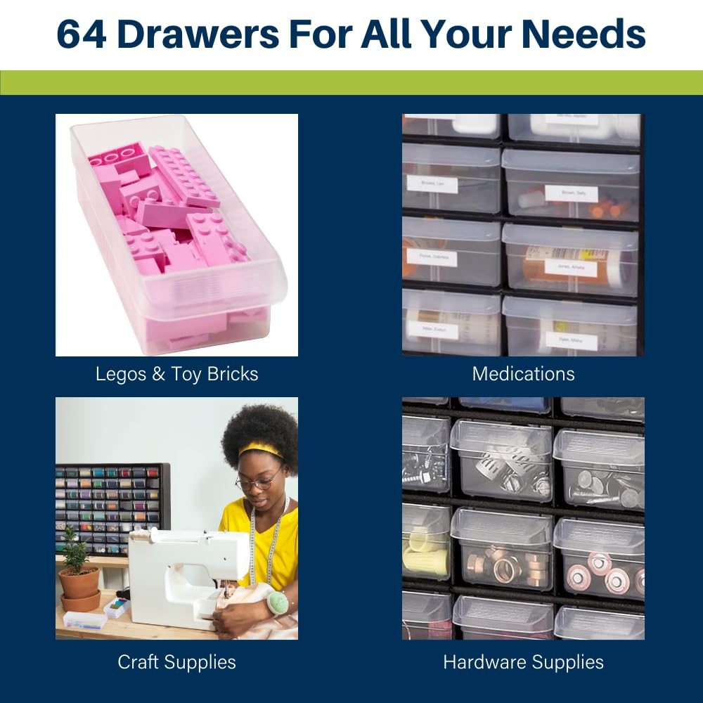 Akro-Mils 64-Drawer Plastic Drawer Storage Cabinet for Garage Organization, Bead Organizer, Building Bricks Storage, Teacher Toolbox, Makeup Organizer, 20-Inch W x 6-Inch D x 16-Inch H, 10164 Red