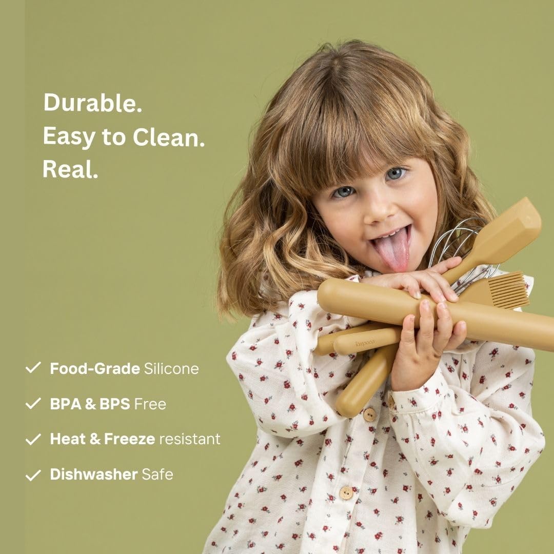 Tampoco Real Kids Cooking & Baking Set – Montessori Kitchen Tools for Real Cooking with Food-Safe Silicone Utensils – Functional & Fun Gift for Young Chefs