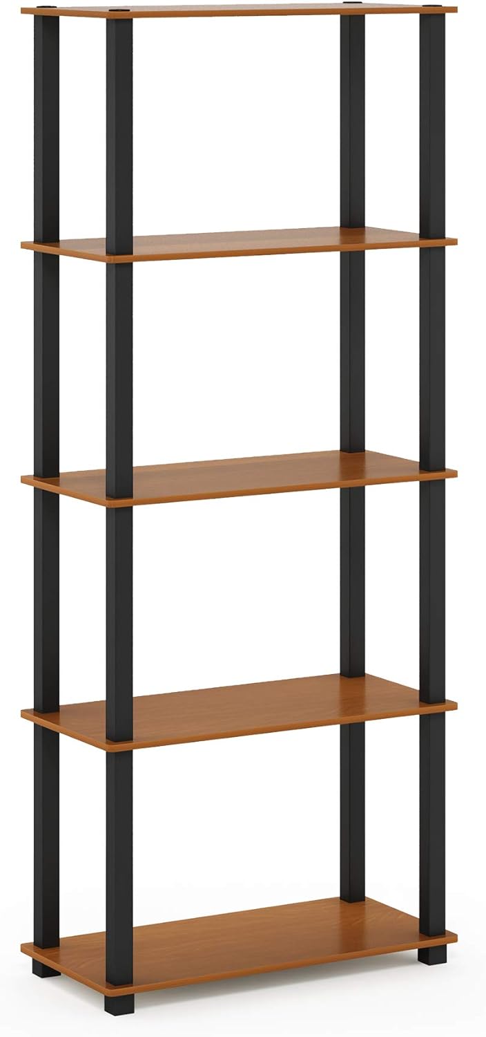 Furinno Turn-N-Tube 5-Tier Multipurpose Shelf / Display Rack / Storage Shelf / Bookshelf, Square Tubes, Light Cherry/Black