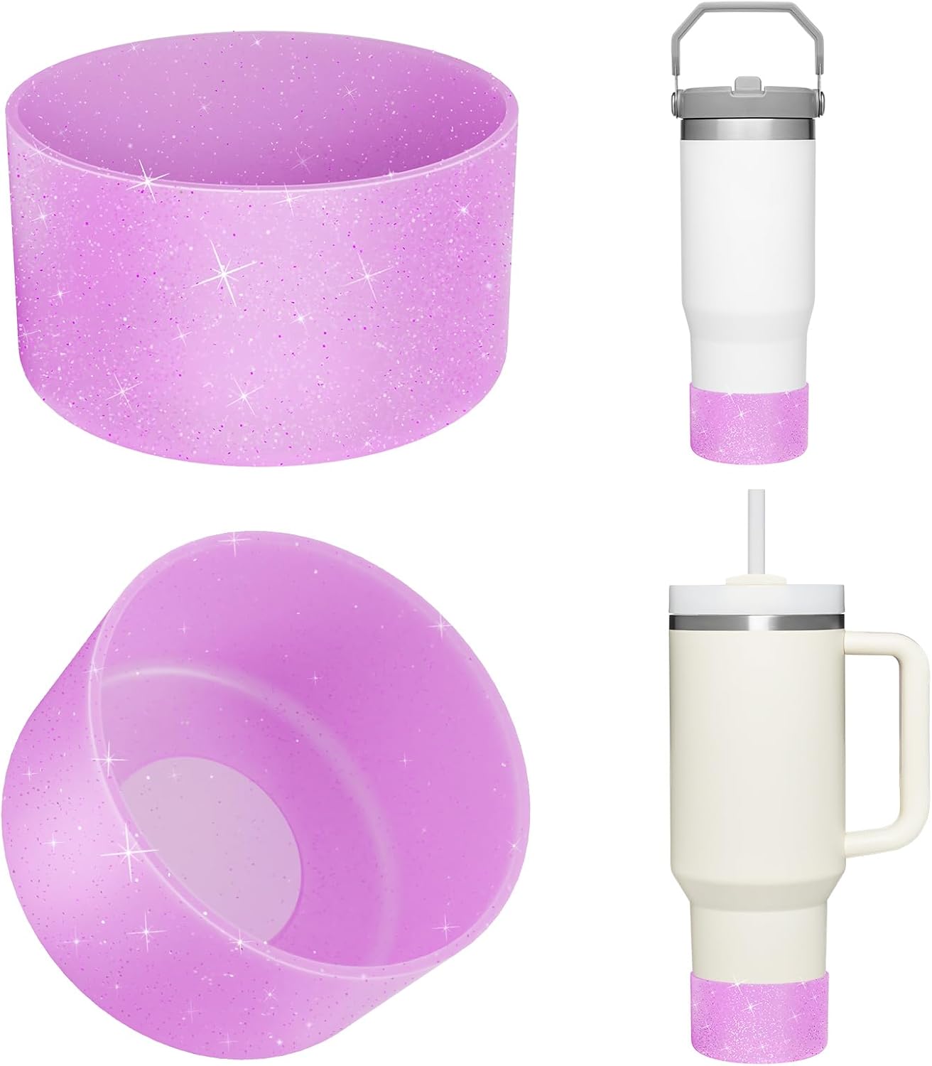 Upgrade 2PCS Protective Silicone Boot Bumper for Stanley Quencher Adventure 40oz 30oz IceFlow 20oz 30oz Tumbler, Water Bottle Bottom Sleeve Cover Accessories for Stanley Mug Cup(Glitter Purple)