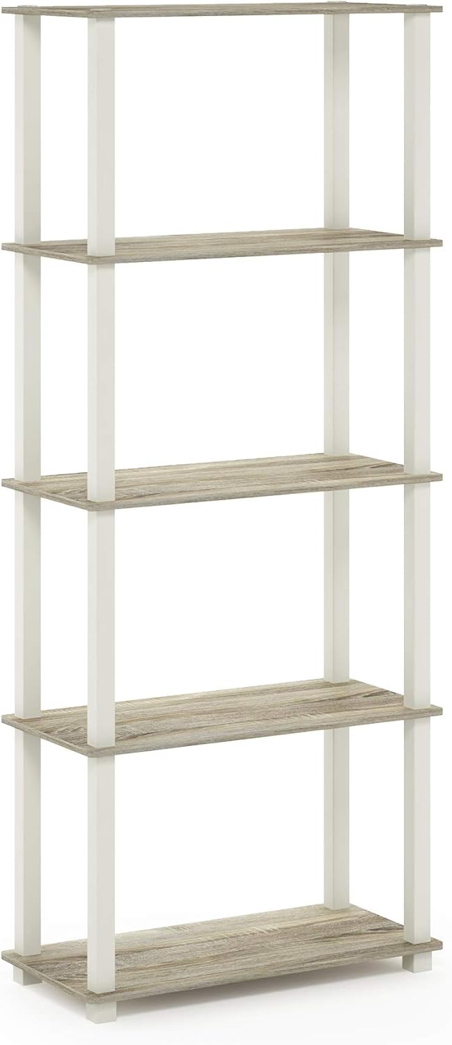 Furinno Turn-N-Tube 5-Tier Multipurpose Shelf / Display Rack / Storage Shelf / Bookshelf, Square Tubes, Sonoma Oak/White