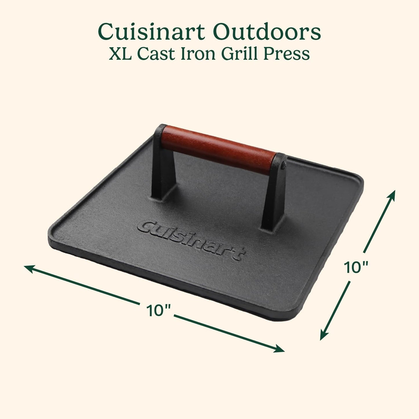 Cuisinart XL Cast Iron Grill Press, 10" x 10" Heavy-Duty Nonstick Smash Burger Steak Press with Wooden Handle, Perfect Grill Accessory Ideal for Grilling, Paninis, and BBQs