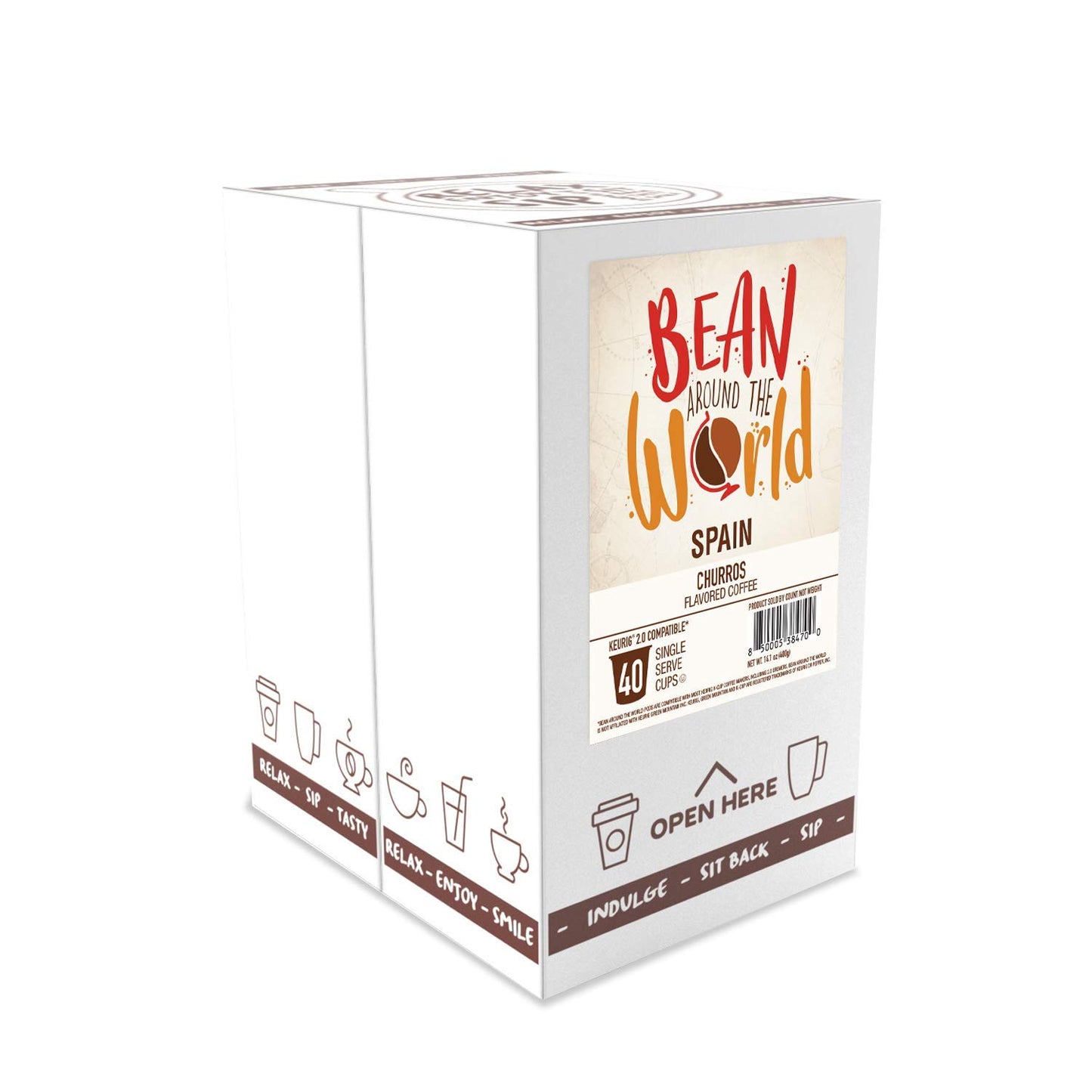 Bean Around The World Churro Flavored Coffee Compatible With 2.0 Keurig K Cup Brewers, 40 Count