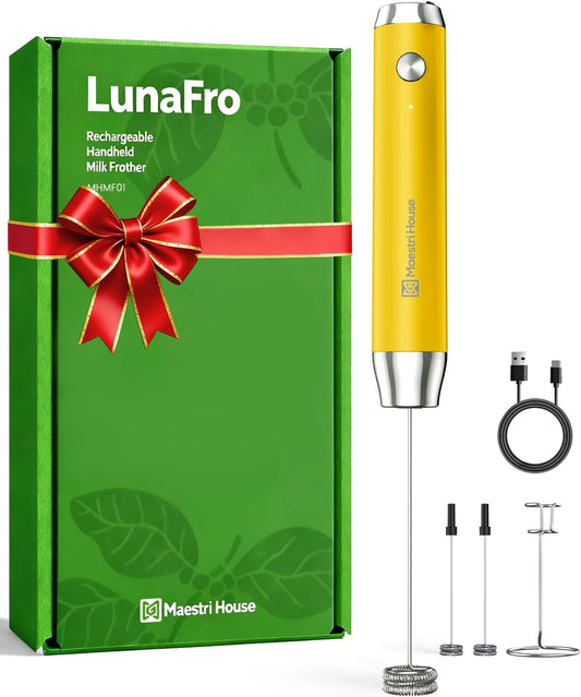 Maestri House Rechargeable Milk Frother with Stand, Handheld Electric Foam Maker Waterproof Detachable Stainless Steel Whisk Drink Mixer Foamer for Lattes, Cappuccino (Warm Yellow (Gift Box))