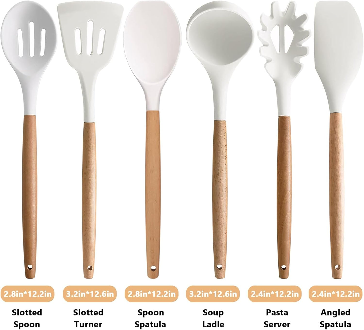 Kitchen Cooking Utensils Set 6Pcs Non-Stick Silicone Kitchen Utensils Spatula Spoon Turner Ladle Pasta Server, Heat Resistant Wooden Handle Silicone Cooking Gadgets Sets for Cookware & Baking