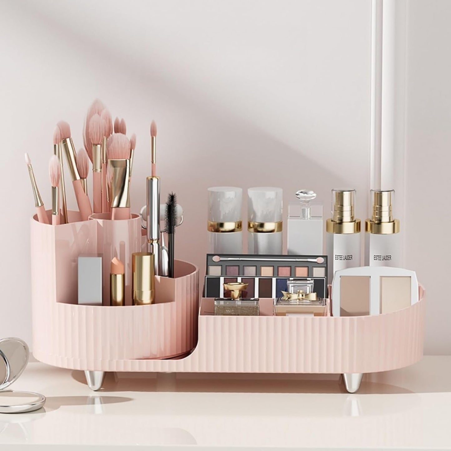 Rotating makeup organizer,Large Capacity Cosmetic Display Case, easy to hold all of your makeup products, at least 20 makeup brushes/eyeliner,10 lipsticks,8 skincare products(Pink)