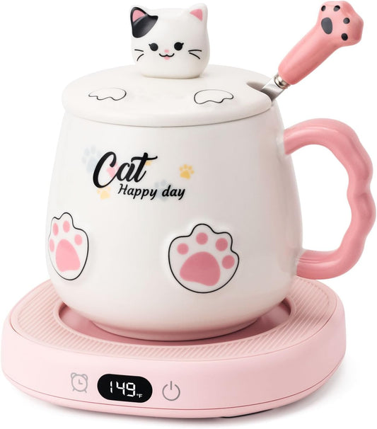 Bsigo Smart Coffee Mug Warmer & Cute Cat Mug Set, Coffee Beverage Cup Warmer for Desk Home Office, Candle Warmer Plate for Cocoa Milk Tea Water with 3 Temperature Up to 149℉/ 65℃, 8 Hour Auto Shut Off