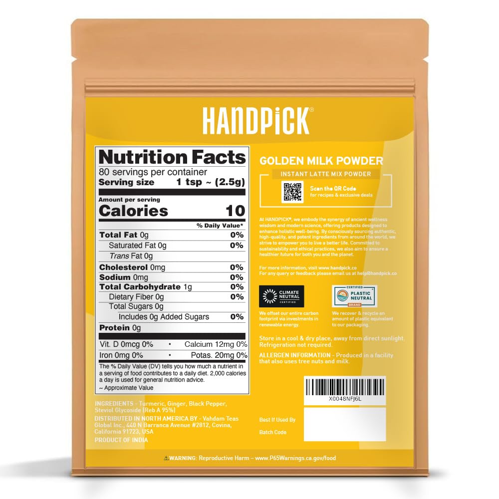 HANDPICK Golden Milk Powder with Turmeric - (7oz, 80 servings) Instant Latte Mix | Blend of Ginger, Black Pepper and Curcumin
