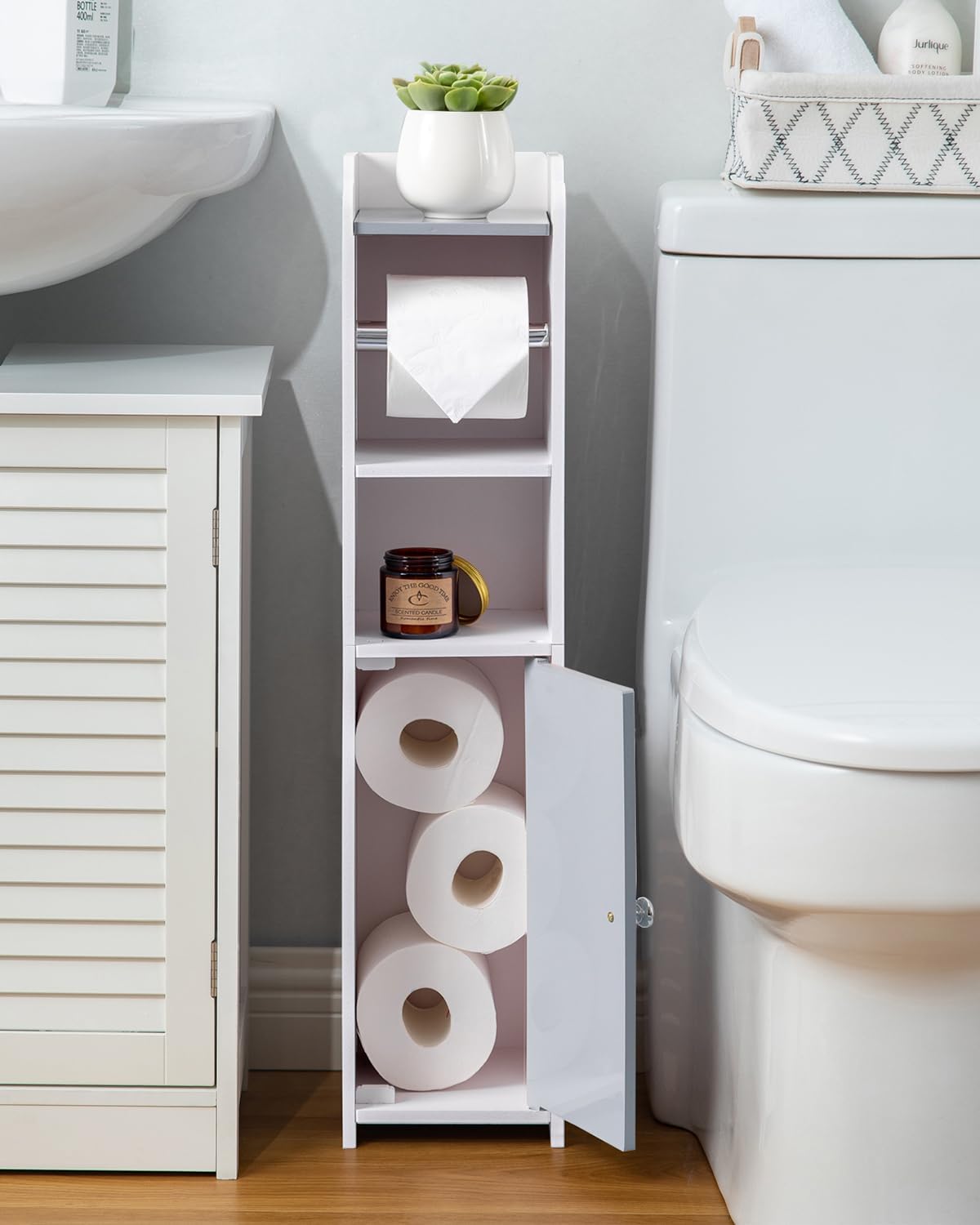 AOJEZOR Toilet Paper Holder Stand: Small Bathroom Storage Cabinet - Light Grey - White