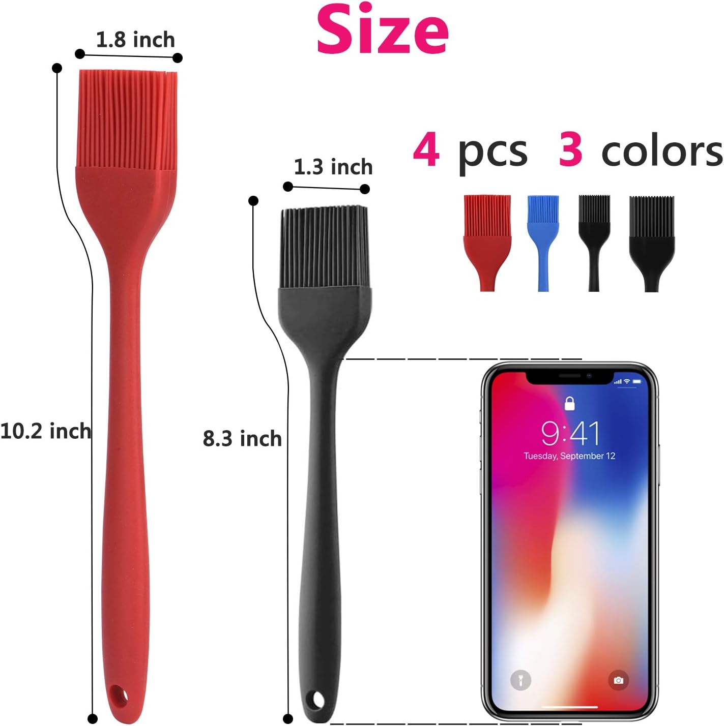 Hhyn Silicone Basting Pastry Brush Set 4 Pack Heat Resistant Spread Oil Butter Sauce for BBQ Grill Barbeque Kitchen Baking Cooking Pastries, 2 Large & 2 Small Multicolor
