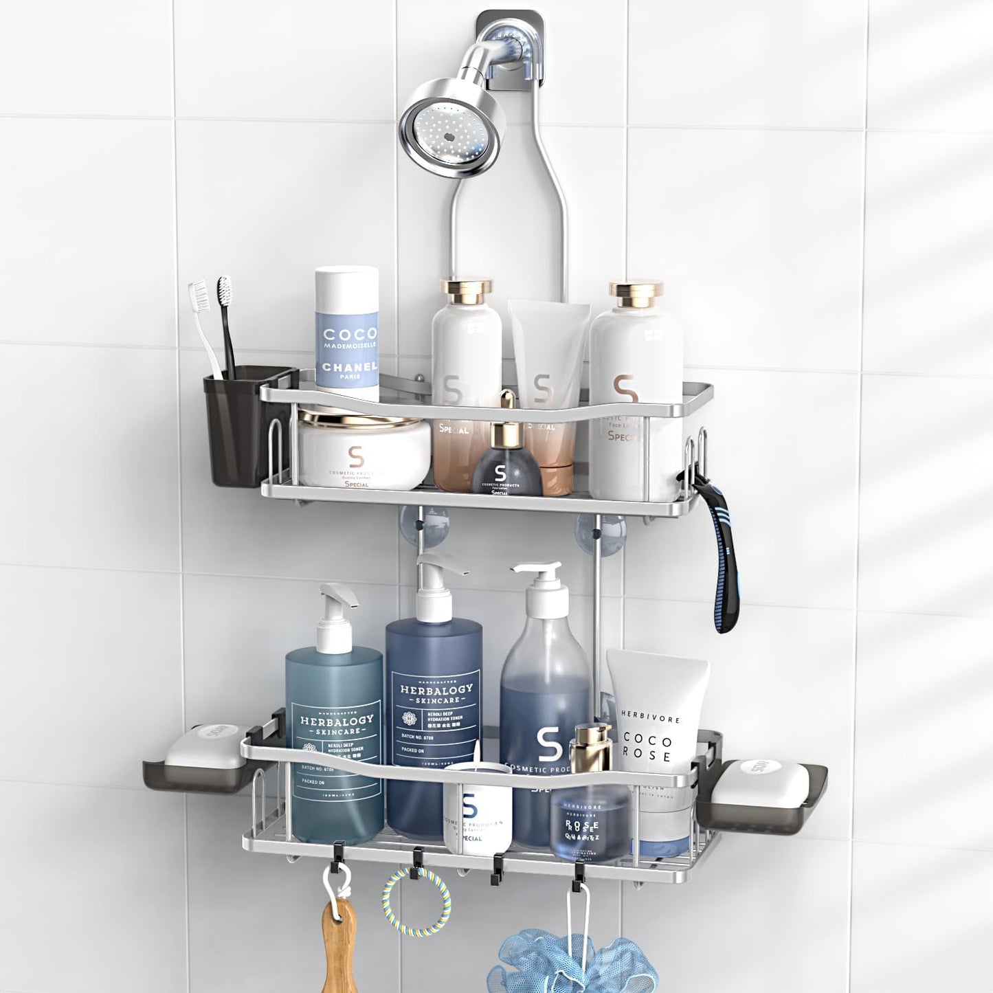 Hanging Shower Caddy Bathroom Organizer: Rustproof Shower Shelf Racks Over Shower Head - No Drilling Inside Bath Shower Rack Shelves Over Showerhead for Shampoo with Soap Holder Chrome