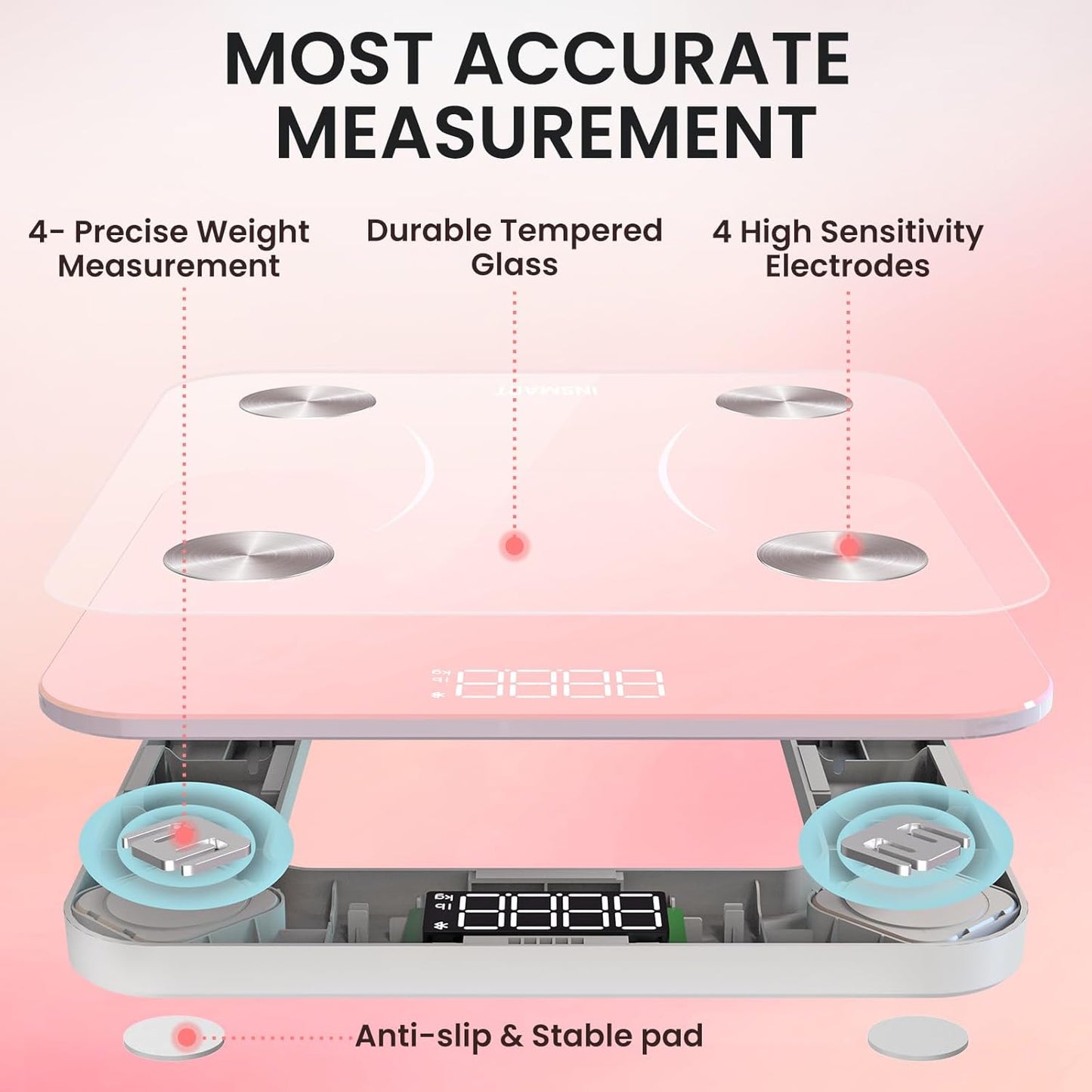 INSMART Smart Scale for Body Weight, Digital Bathroom Scale with BMI, Muscle Mass, Bluetooth Body Fat Scale,17 Body Composition Analyzer with Smart APP Sync Weight Scale, 400 lbs - Pink