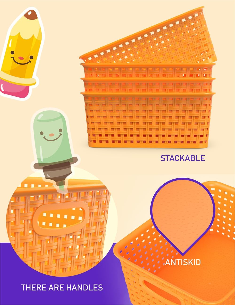 WYT 6-Pack Plastic Small Shelf Storage Weave Baskets Organizing for Cabinets and Pantries, Orange