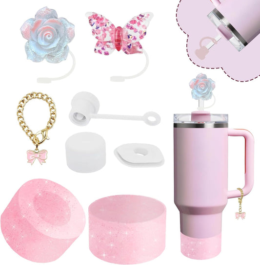 Stanley Cup Accessories Set,Including 2 Pcs 0.4in Straw Cover, 1 Silicone Spill-Proof Stopper Set of 3, 1 Cute Maple Handle Charm, 1 Silicone Boot Fits Stanley 40&30 Oz Tumbler (Peony 2.0)