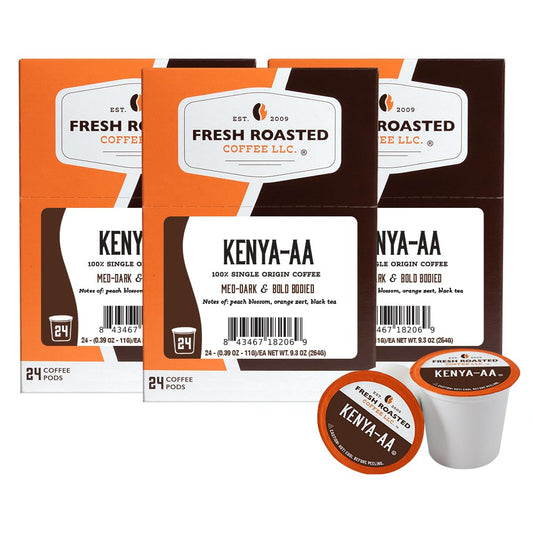 Fresh Roasted Coffee, Kenya AA, Med-Dark Roast, 72 Pods for K Cup Brewers