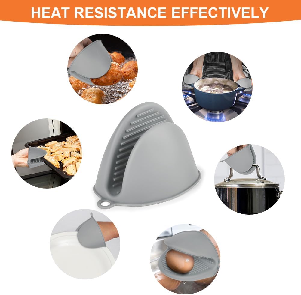 AUAUY 1 Pair Mini Silicone Oven Mitts, Heat Resistant Pot Holders Mitts, Cute Oven Pinch Grip Gloves, Small Potholders for Kitchen, Air Fryer Mitts Pair for Cooking, Baking and Grilling (Light Gray)