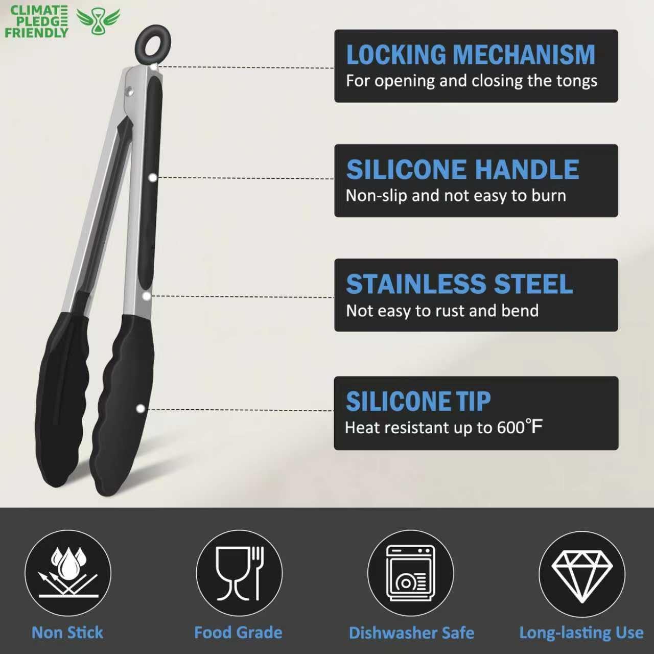 Kitchen Tongs, Stainless Steel Silicone Tongs for Cooking 600ºF High Heat-Resistant BBQ Grilling Locking Tongs, Set of 2-9" and 12" Black