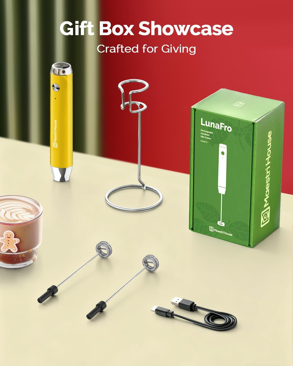 Maestri House Rechargeable Milk Frother with Stand, Handheld Electric Foam Maker Waterproof Detachable Stainless Steel Whisk Drink Mixer Foamer for Lattes, Cappuccino (Warm Yellow (Gift Box))