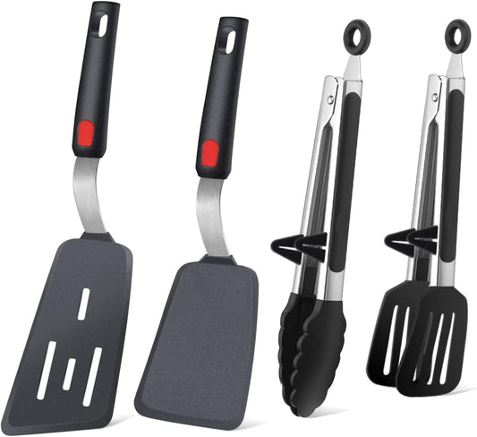 4PCS Flexible Silicone Spatula Turner Set and Kitchen Food Tongs with Silicone Tips, 600F Heat Resistant, Ideal for Flipping Eggs, Fish, Burgers, Pancake and Strong Grip on Salads, Pasta, Steaks, BBQ