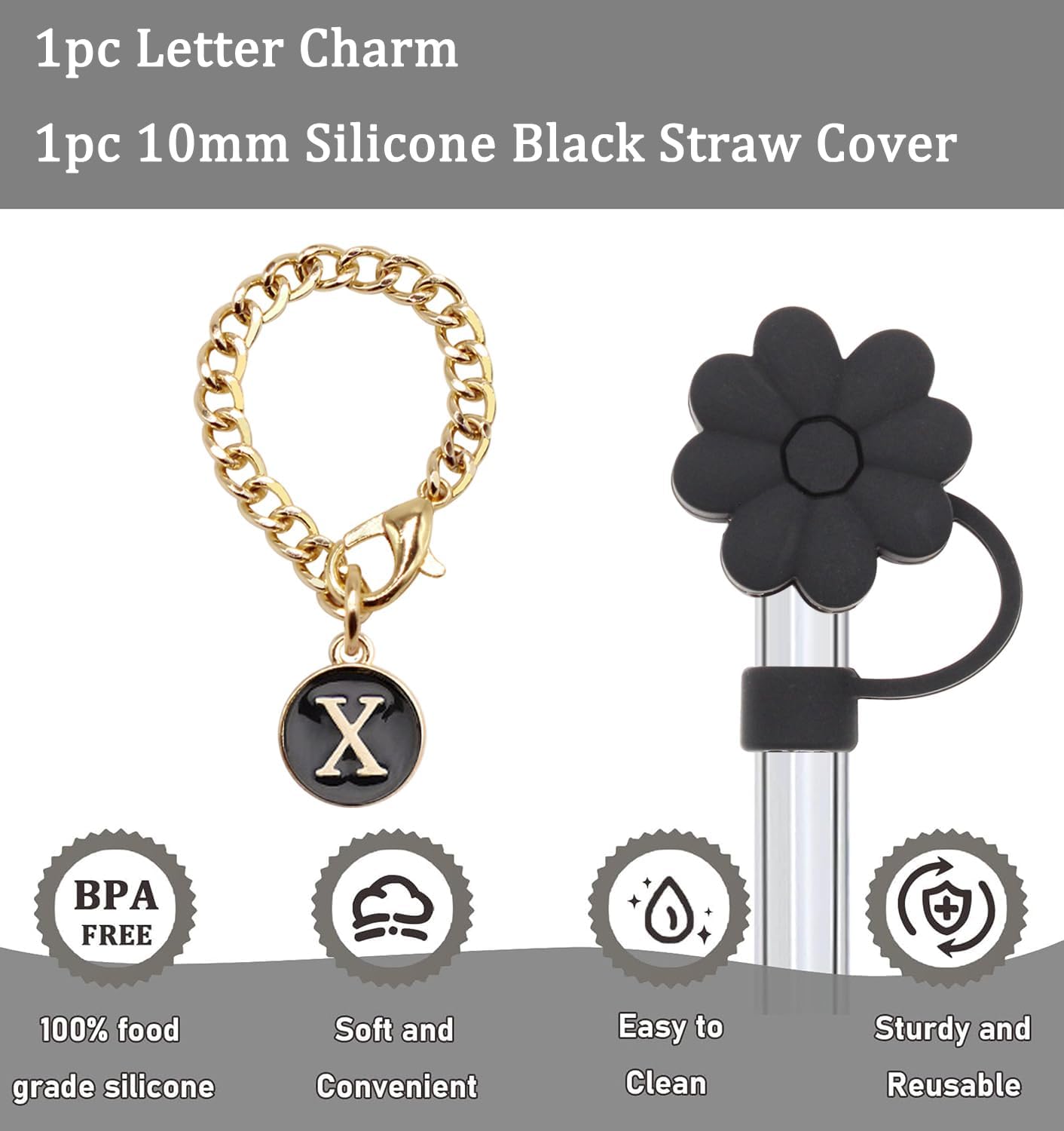 Stanley Cup Accessories, 1pc Flower Stanley Straw Cover Silicone Straw Topper for Stanley 30&40 oz Tumbler with Handle and 1pc Initial Letter Charm for Stanley Cup (Letter X)