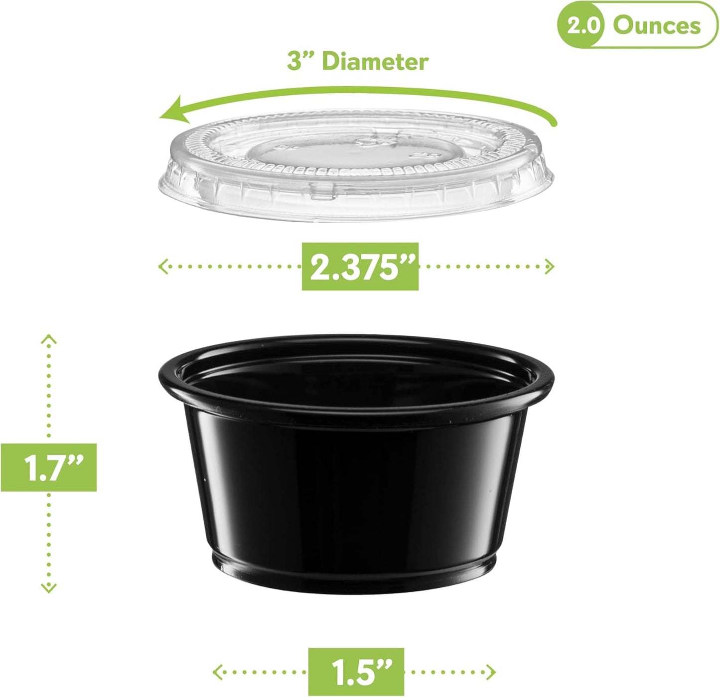 (2 oz - 100 Sets) Black Diposable Plastic Portion Cups With Lids, Small Mini Containers For Portion Controll, Jello Shots, Meal Prep, Sauce Cups, Slime, Condiments, Medicine, Dressings, Crafts