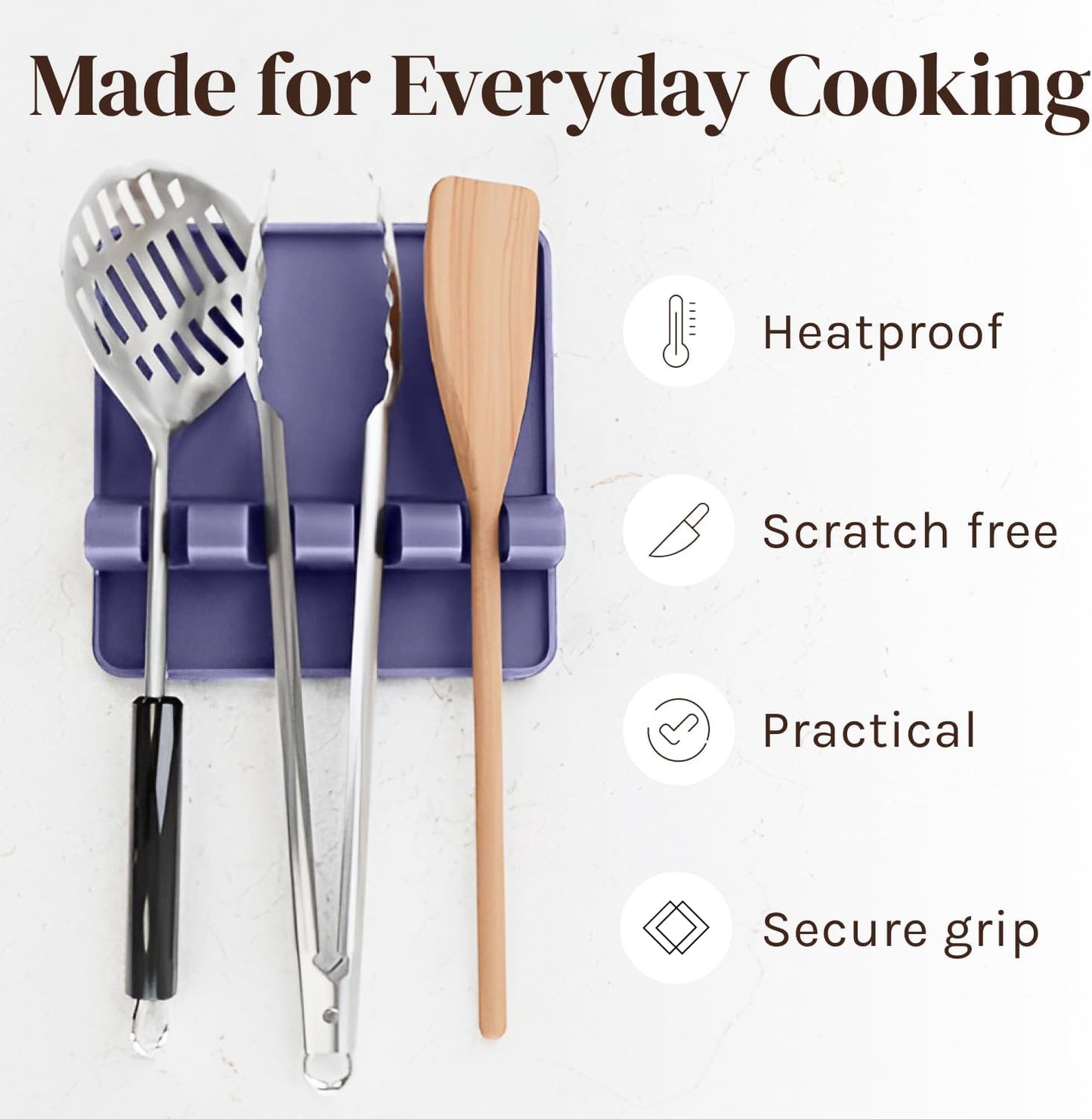 Silicone Spoon Rest for Stove Top with Drip Pad (Two Pack) - Heat Resistant BPA Free Utensil Rest & Spoon Holder for Kitchen Counter - Grill Utensil Holder - Spatula Holder, Tongs, Ladle - Purple