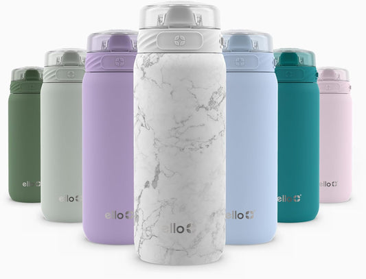 Ello Cooper 18oz Stainless Steel Water Bottle with Straw and Carry Handle, Double Walled and Vacuum Insulated Metal, Leak Proof Locking Lid with Soft Silicone Spout, Reusable, BPA Free, White Marble