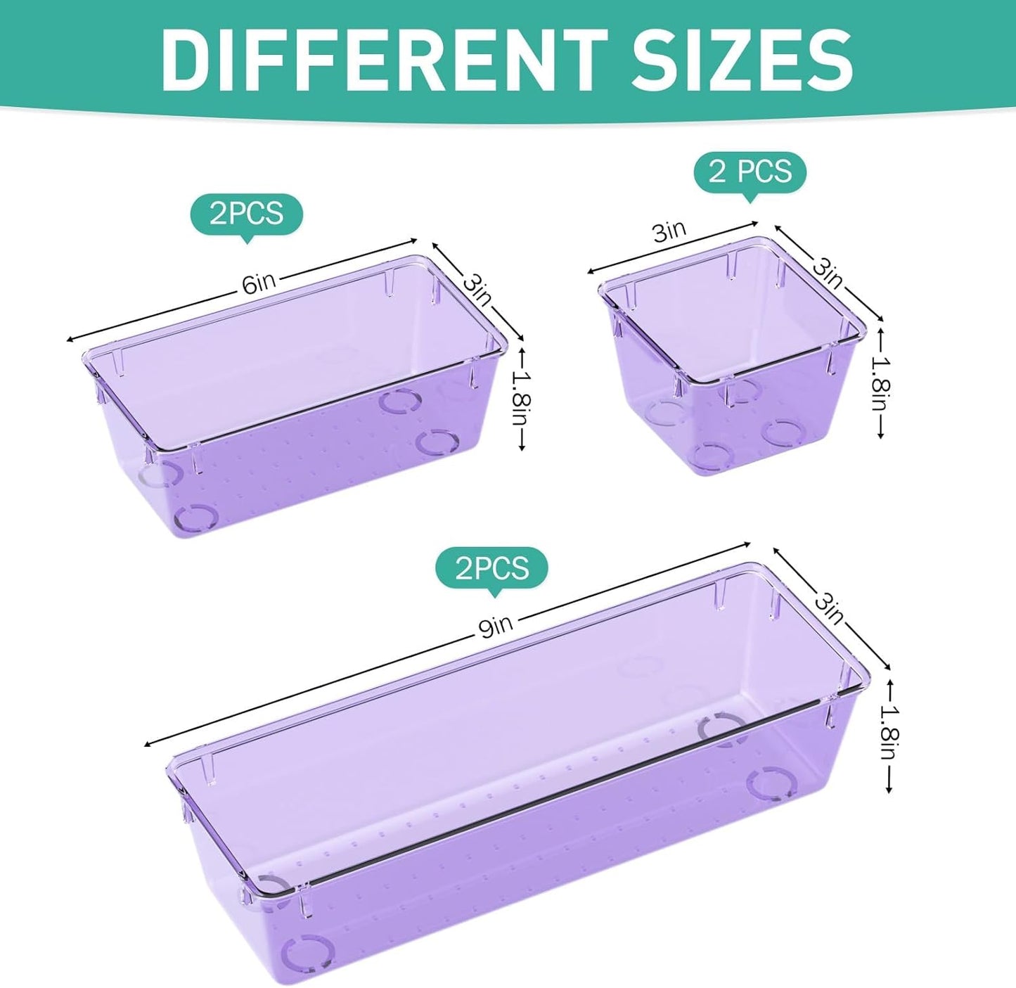WOWBOX 9 Pack Clear Drawer Organizer Set, Acrylic Drawer Storage Trays, Storage Bins for Makeup, Cosmetics, Jewelries, Utensils, Gadgets, Office, Purple