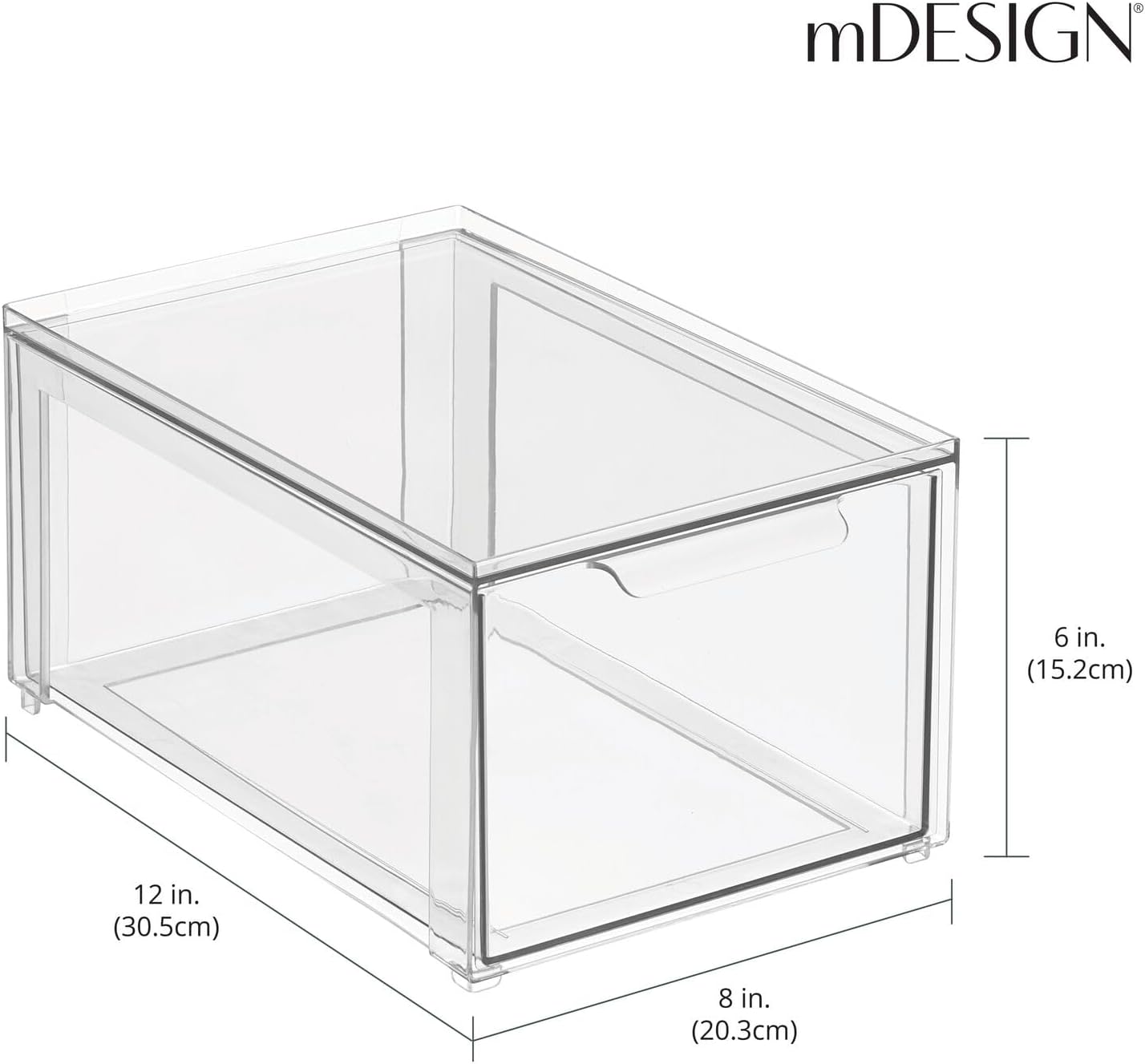 mDesign Plastic Stackable Closet Storage Organizer Bins with Pull Out Drawer for Cabinet, Desk, Shelf, Cupboard, or Dresser Organization - Lumiere Collection - 4 Pack - Clear