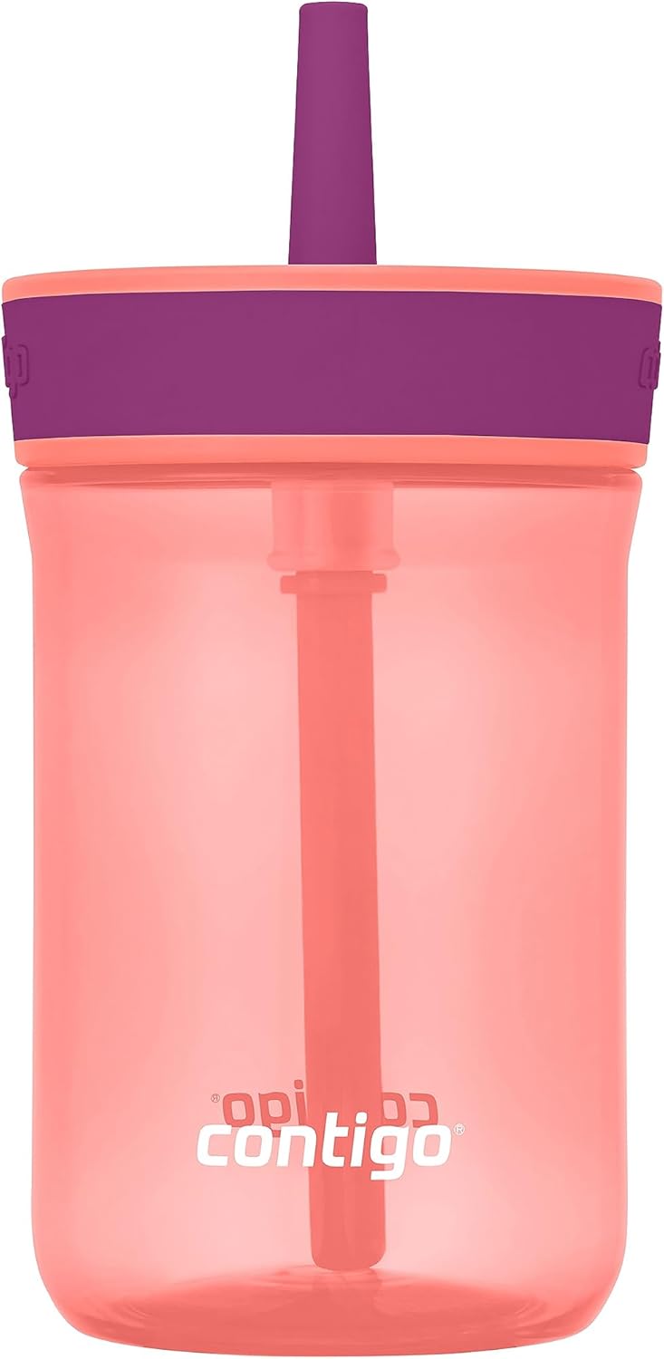 Contigo Kids’ Leighton Straw Tumbler with Spill-Proof Leak-Proof Lid 14oz Coral/Grape