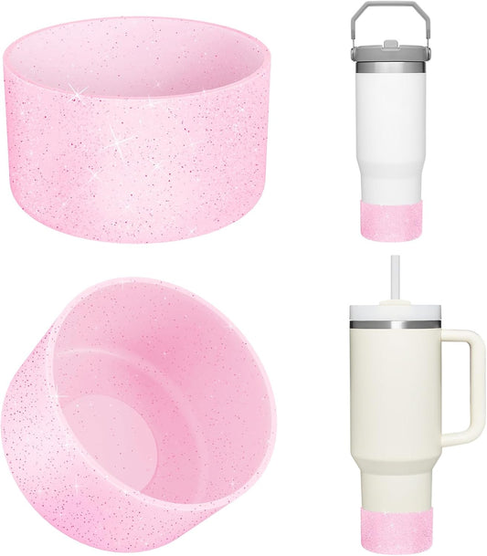 Upgrade 2PCS Protective Silicone Boot Bumper for Stanley Quencher Adventure 40oz 30oz IceFlow 20oz 30oz Tumbler, Water Bottle Bottom Sleeve Cover Accessories for Stanley Mug Cup(Glitter Pink)