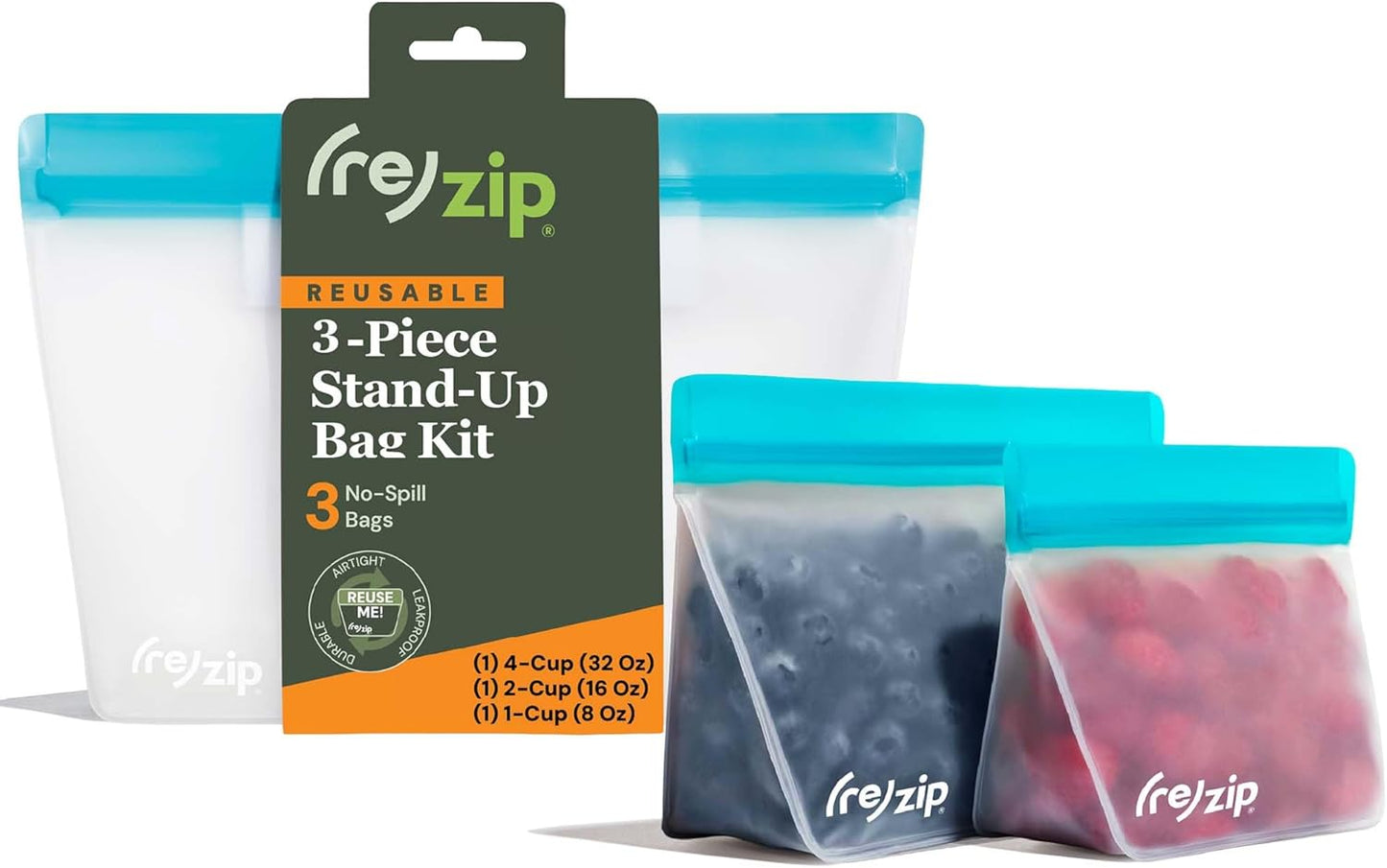 (re) zip 3-Piece Stand-Up Reusable Bag Kit | BPA-Free, Food Grade, Leakproof, Freezer and Dishwasher Safe | Quart (1), 2-Cup (1), Snack (1) | Aqua