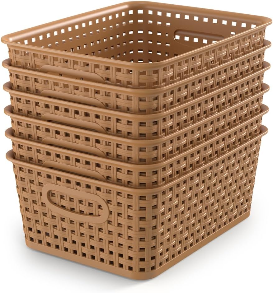 WYT 6-Pack Plastic Small Shelf Storage Weave Baskets Organizing for Cabinets and Pantries, Light Brown