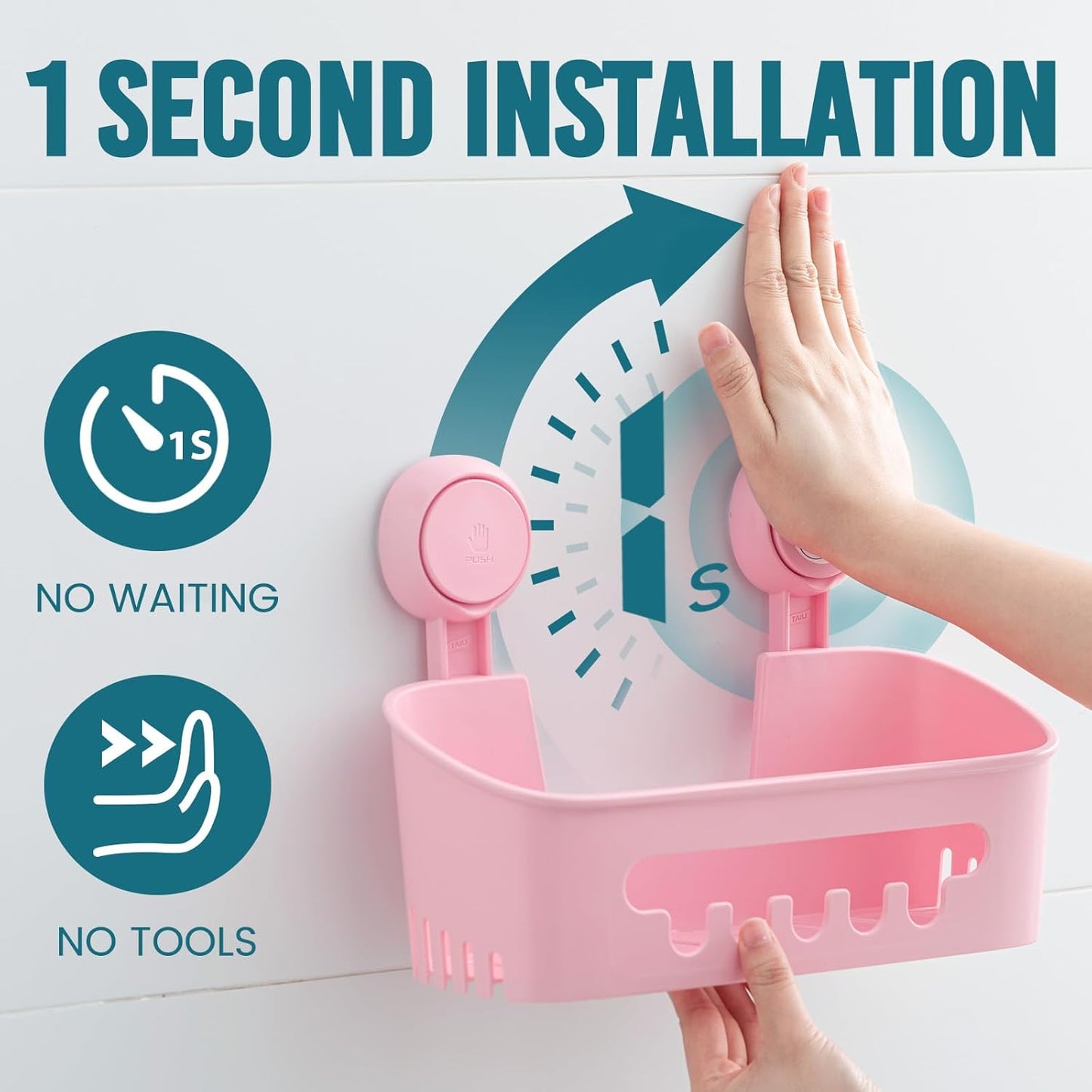 TAILI Shower Caddy Suction Cup 2 Pack, Heavy Duty Bathroom Organizer, Removable Shelves for Inside Shower, Shampoo, Waterproof Suction Plastic Storage for Bathroom Accessories Holder, Pink