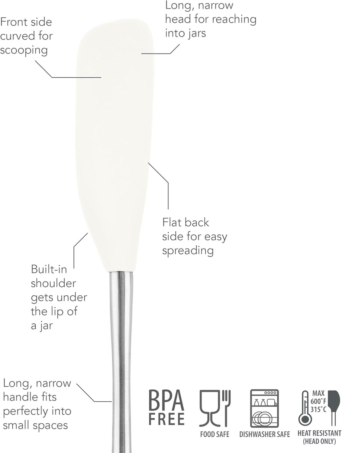 Tovolo Jar Spatula Silicone Long Stainless Steel Handle Scraper Spatula White, Jar Scraper Heat Resistant Dishwasher Safe BPA Free Kitchen Utensil for Scraping Spreading Jelly Peanut Butter